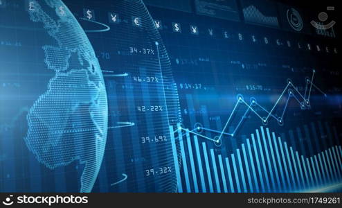 Digital data financial investment trends, Financial business diagram with charts and stock numbers showing profits and losses over time dynamically, Business and finance. 3d rendering