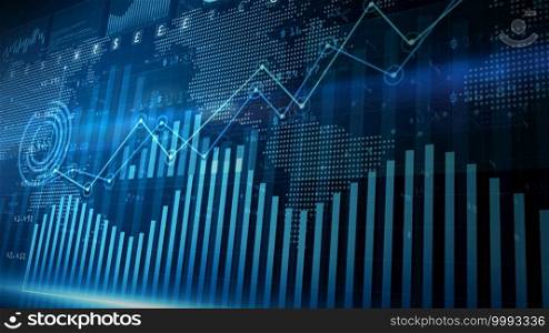 Digital data financial investment trends, Financial business diagram with charts and stock numbers showing profits and losses over time dynamically, Business and finance. 3d rendering