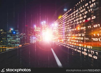 Digital data flow on road with motion blur to create vision of fast speed transfer . Concept of future digital transformation , disruptive innovation and agile business methodology .