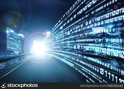 Digital data flow on road with motion blur to create vision of fast speed transfer . Concept of future digital transformation , disruptive innovation and agile business methodology .