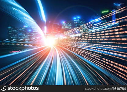 Digital data flow on road with motion blur to create vision of fast speed transfer . Concept of future digital transformation , disruptive innovation and agile business methodology .