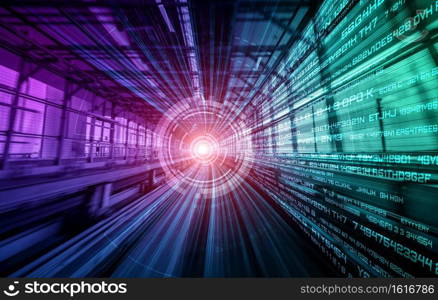 Digital data flow on road with motion blur to create vision of fast speed transfer . Concept of future digital transformation , disruptive innovation and agile business methodology .