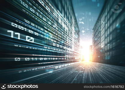 Digital data flow on road with motion blur to create vision of fast speed transfer . Concept of future digital transformation , disruptive innovation and agile business methodology .