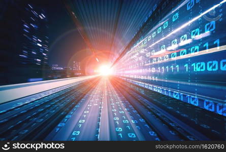 Digital data flow on road with motion blur to create vision of fast speed transfer . Concept of future digital transformation , disruptive innovation and agile business methodology .. Digital data flow on road with motion blur to create vision of fast speed transfer