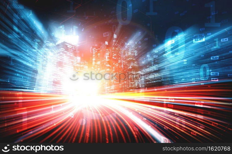 Digital data flow on road with motion blur to create vision of fast speed transfer . Concept of future digital transformation , disruptive innovation and agile business methodology .. Digital data flow on road with motion blur to create vision of fast speed transfer