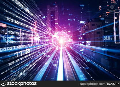 Digital data flow on road with motion blur to create vision of fast speed transfer . Concept of future digital transformation , disruptive innovation and agile business methodology .. Digital data flow on road with motion blur to create vision of fast speed transfer