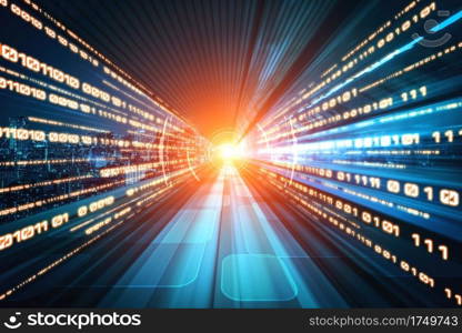 Digital data flow on road with motion blur to create vision of fast speed transfer . Concept of future digital transformation , disruptive innovation and agile business methodology .. Digital data flow on road with motion blur to create vision of fast speed transfer