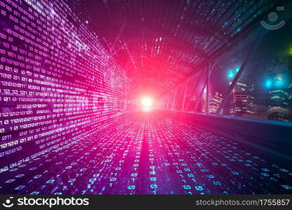 Digital data flow on road with motion blur to create vision of fast speed transfer . Concept of future digital transformation , disruptive innovation and agile business methodology .. Digital data flow on road with motion blur to create vision of fast speed transfer