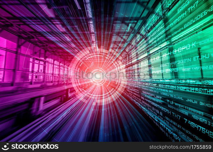 Digital data flow on road with motion blur to create vision of fast speed transfer . Concept of future digital transformation , disruptive innovation and agile business methodology .. Digital data flow on road with motion blur to create vision of fast speed transfer