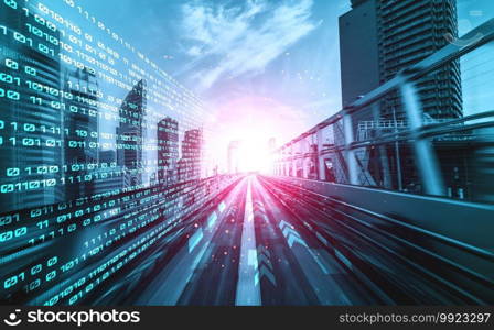 Digital data flow on road with motion blur to create vision of fast speed transfer . Concept of future digital transformation , disruptive innovation and agile business methodology .