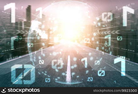 Digital data flow on road with motion blur to create vision of fast speed transfer . Concept of future digital transformation , disruptive innovation and agile business methodology .