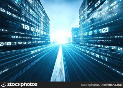 Digital data flow on road with motion blur to create vision of fast speed transfer . Concept of future digital transformation , disruptive innovation and agile business methodology .