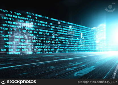 Digital data flow on road with motion blur to create vision of fast speed transfer . Concept of future digital transformation , disruptive innovation and agile business methodology .