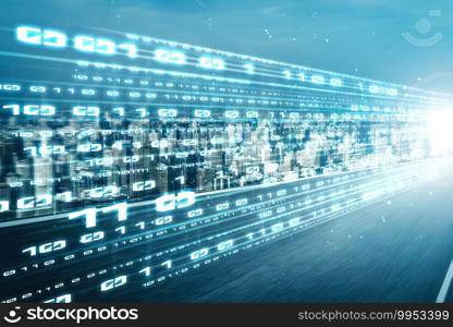 Digital data flow on road with motion blur to create vision of fast speed transfer . Concept of future digital transformation , disruptive innovation and agile business methodology .