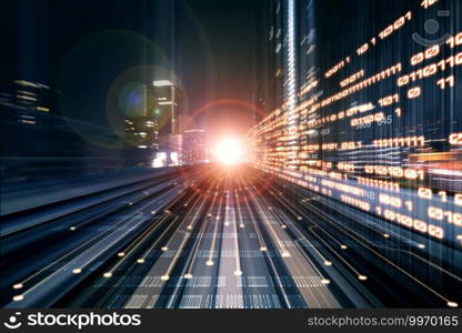 Digital data flow on road with motion blur to create vision of fast speed transfer . Concept of future digital transformation , disruptive innovation and agile business methodology .. Digital data flow on road with motion blur to create vision of fast speed transfer