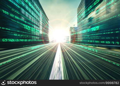 Digital data flow on road with motion blur to create vision of fast speed transfer . Concept of future digital transformation , disruptive innovation and agile business methodology .. Digital data flow on road with motion blur to create vision of fast speed transfer