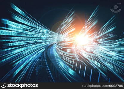 Digital data flow on road with motion blur to create vision of fast speed transfer . Concept of future digital transformation , disruptive innovation and agile business methodology .. Digital data flow on road with motion blur to create vision of fast speed transfer