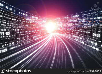 Digital data flow on road with motion blur to create vision of fast speed transfer . Concept of future digital transformation , disruptive innovation and agile business methodology .. Digital data flow on road with motion blur to create vision of fast speed transfer