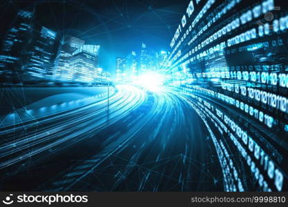 Digital data flow on road with motion blur to create vision of fast speed transfer . Concept of future digital transformation , disruptive innovation and agile business methodology .. Digital data flow on road with motion blur to create vision of fast speed transfer