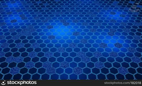 Digital data. Hexagon shape and circuit board in structure of computer technology concept on blue background, 3d abstract illustration