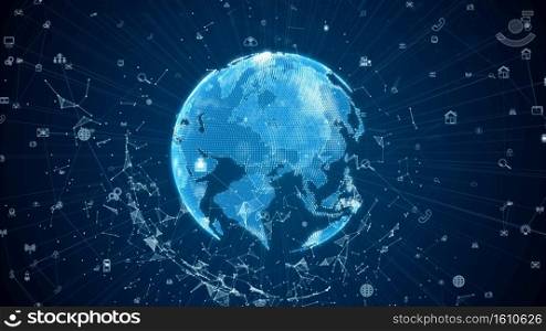 Digital data network connections with icon and global communication. 5g high-speed connection data analysis. Technology data binary code network conveying connectivity on blue background concept.