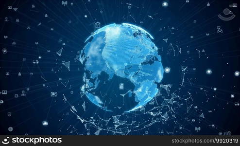 Digital data network connections with icon and global communication. 5g high-speed connection data analysis. Technology data binary code network conveying connectivity on blue background concept.