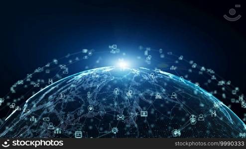 Digital data network connections with icon of global communication. high-speed connection data analysis. Business contacts and network data exchange background concept.
