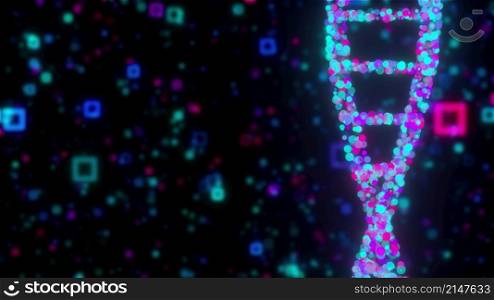 Digital DNA double helix against the colored blurred particles, computer generated. 3d rendering of chemical research backdrop Digital DNA double helix against the colored blurred particles, computer generated. 3d rendering of chemical research backdrop. Digital DNA double helix against the colored blurred particles, computer generated. 3d rendering of chemical research background