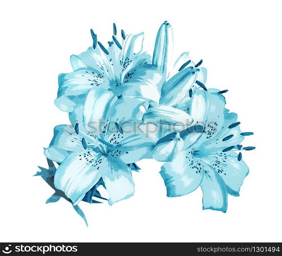 Digital drawing of a beautiful bouquet of large flowers of blue lilies, isolated on a white background