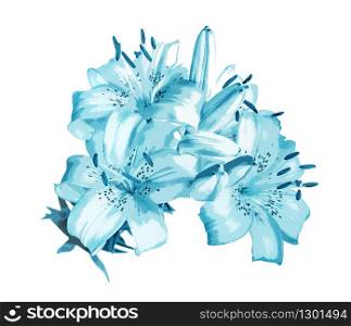 Digital drawing of a beautiful bouquet of large flowers of blue lilies, isolated on a white background