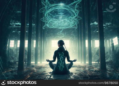 Digital era woman meditating in neon wires, with consciousness connected to the world via technological structure. Generated AI