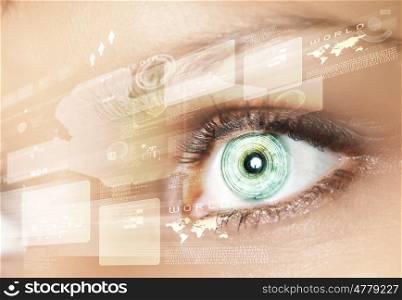 Digital eye. Eye viewing digital information represented by circles and signs