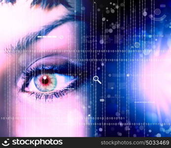 digital eye. Eye viewing digital information represented by ones and zeros