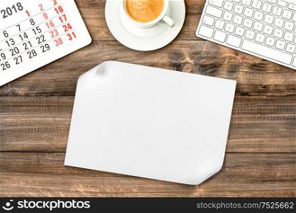 Digital gadgets. Calendar 2018. Office desk with coffee. Visions for New Year
