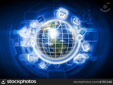 Digital globe image. Digital image of globe with conceptual icons. Elements of this image are furnished by NASA