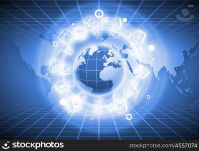 Digital globe image. Digital image of globe with conceptual icons. Globalization concept