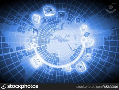 Digital globe image. Digital image of globe with conceptual icons. Globalization concept