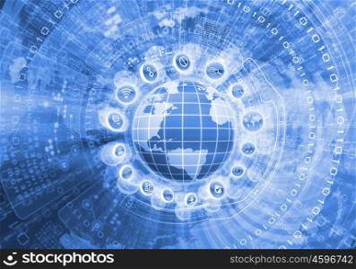 Digital globe image. Digital image of globe with conceptual icons. Globalization concept