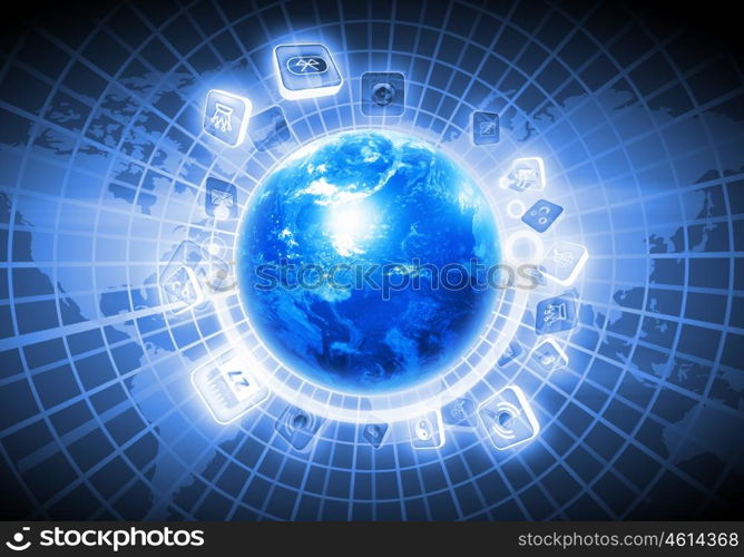 Digital globe image. Digital image of globe with conceptual icons. Globalization concept. Elements of this image are furnished by NASA