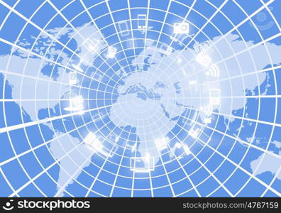 Digital globe image. Digital image of globe with conceptual icons. Globalization concept