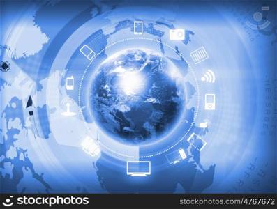 Digital globe image. Digital image of globe with conceptual icons. Globalization concept. Elements of this image are furnished by NASA