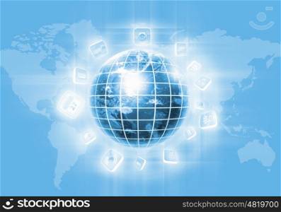 Digital globe image. Digital image of globe with conceptual icons. Globalization concept. Elements of this image are furnished by NASA