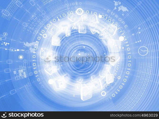 Digital globe image. Digital image of globe with conceptual icons. Globalization concept