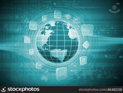 Digital globe image. Green digital image of globe with conceptual icons. Globalization concept
