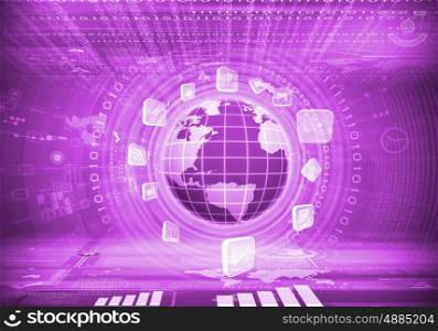 Digital globe image. Purple digital image of globe with conceptual icons. Globalization concept