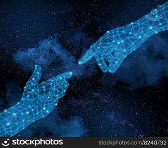 Digital hands reaching each other, artificial intelligence creativity concept. Lone tree growing on planet Earth