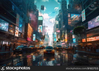 digital holographic backdrop of busy city street, with taxis and people in the background, created with generative ai. digital holographic backdrop of busy city street, with taxis and people in the background