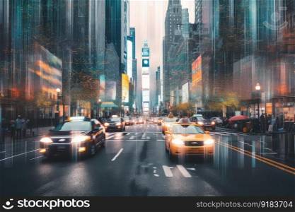 digital holographic backdrop of busy city street, with taxis and people in the background, created with generative ai. digital holographic backdrop of busy city street, with taxis and people in the background