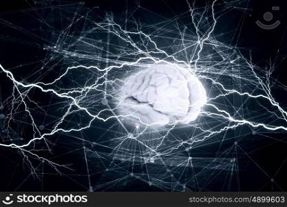 Digital human brain. Concept of human intelligence with human brain on blue digital background