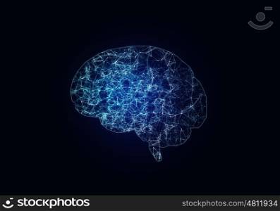 Digital human brain. Digital blue grid brain on dark background